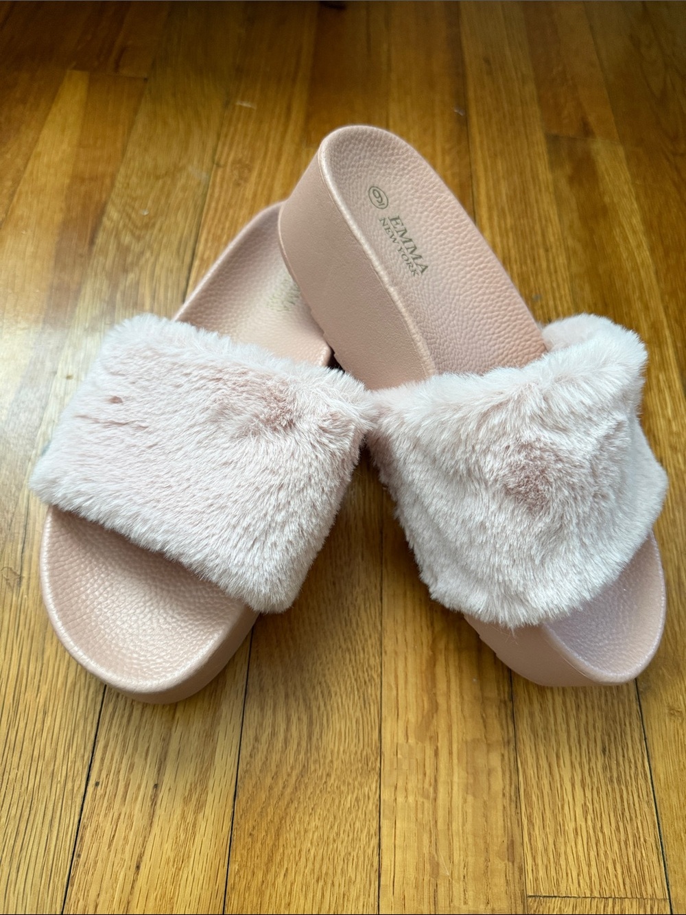 Faux Fur Platform Slide Sandals - Blush Pink